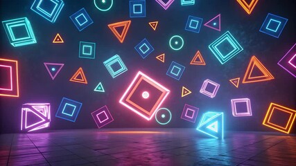 Illustration of abstract neon geometric shapes floating in a dark room, creating a futuristic and vibrant atmosphere - Powered by Adobe