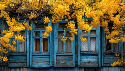 Aged teal-blue house facade adorned with vibrant yellow blossoms