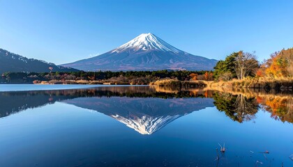 Fototapeta premium Majestic mountain reflected in tranquil lake. Autumn colors frame a snow-capped peak, mirroring perfectly in the placid water