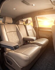 Interior view of a light beige leather car seat.  Sunrise view