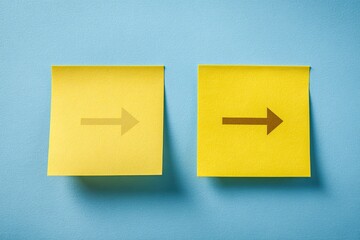 Two yellow sticky notes with brown arrows on a light blue background