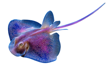 Vibrant blue and purple stingray with a long tail, isolated on a transparent background.  Detailed illustration. background removed