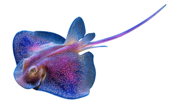 Vibrant blue and purple stingray with a long tail, isolated on a transparent background.  Detailed illustration. background removed - Powered by Adobe