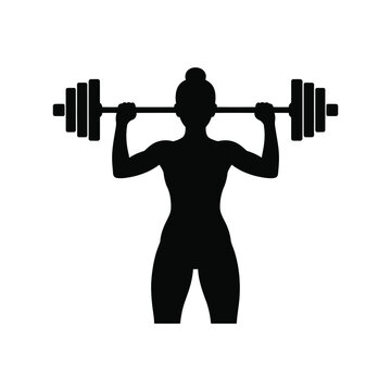 Female silhouette lifting barbell overhead on white background