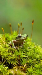 A tiny, vibrant green frog sits amidst a carpet of lush green moss.  Soft, out-of-focus background