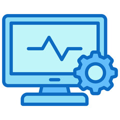 System Monitoring Blue Fill Outline Icon Design Vector - Computer screen with graph and gear, symbolizing system analysis or performance tracking