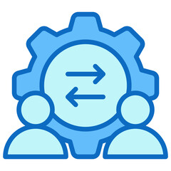 Teamwork Process Blue Fill Outline Icon Design Vector - Two people with gear and arrows, symbolizing collaboration, workflow, and teamwork