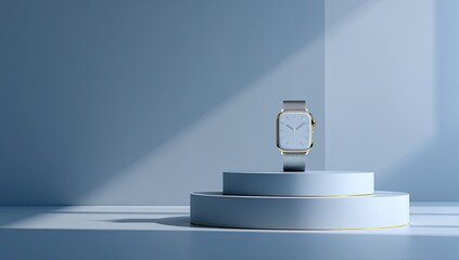 Light-blue minimalist display showcasing a modern wristwatch on a tiered podium