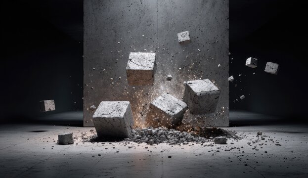 Abstract scene of concrete cubes exploding