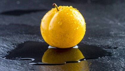 Single yellow plum with water droplets on dark slate