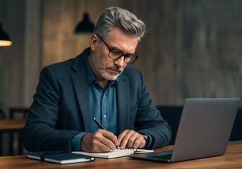 Focused businessman working late in a dimly lit office