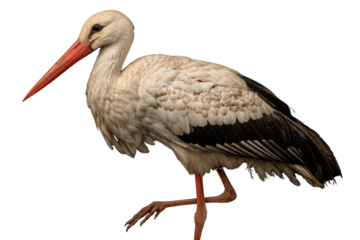 A detailed close-up of a white stork with a red beak, standing on one leg against a transparent background. background removed