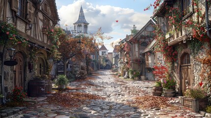 Picturesque european village street with cobblestone and floral facades