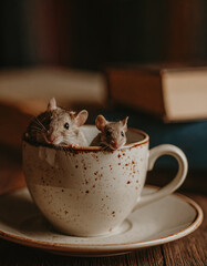 mice in a tea cup with books