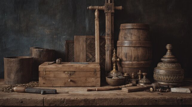 A gathering of timeworn artisan tools and crafted wooden objects still life