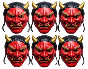 Six red demon masks, similar but varied expressions