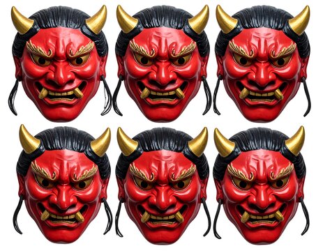Six red demon masks, similar but varied expressions