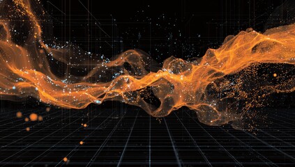 Abstract digital art, orange and black flowing particles