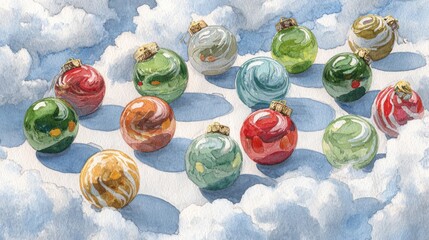 Colorful Christmas Ornaments Floating Among Fluffy White Clouds
