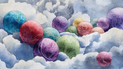 Colorful Spheres in Soft Clouds with Artistic Watercolor Effect