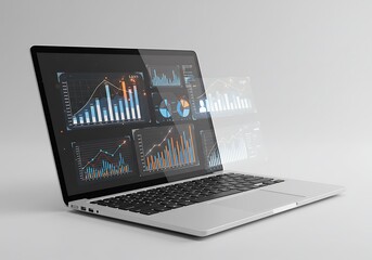 Laptop displaying complex financial charts and data analysis