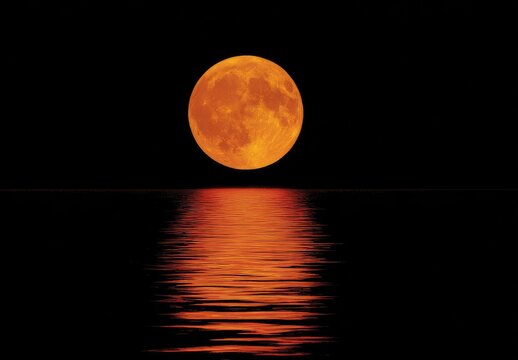 A large orange moon over a dark ocean