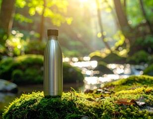 A sustainable water bottle placed on moss-covered stone near a forest stream, soft lighting, eco aesthetic