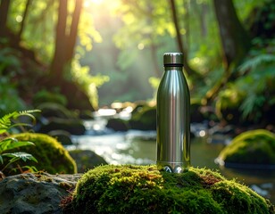 A sustainable water bottle placed on moss-covered stone near a forest stream, soft lighting, eco aesthetic