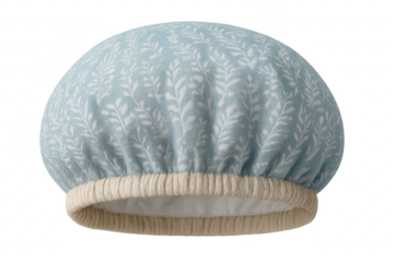 Blue patterned shower cap protecting hair during bath time