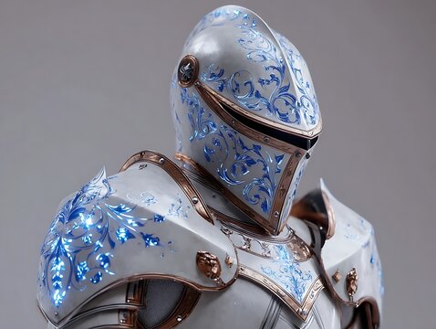A realistic white knight armor with blue glowing patterns and intricate details.