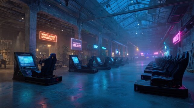 Cyberpunk recreation area with futuristic racing simulators and neon signage