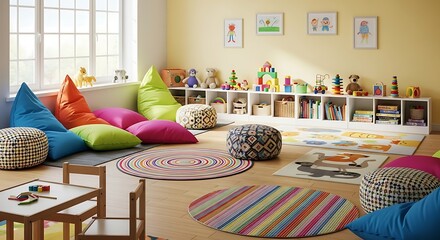 Playroom Paradise: A vibrant playroom designed for early childhood learning and enjoyment, brimming with colorful cushions, toys, and playful decor, inviting creativity and exploration.