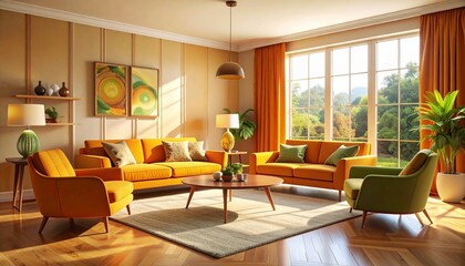 A sunlit 1970s inspired living room with retro color palette and paired with sleek minimalist modern decor, editorial photography style