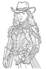 Steampunk Cowgirl Outline Drawing – Western Fantasy Woman