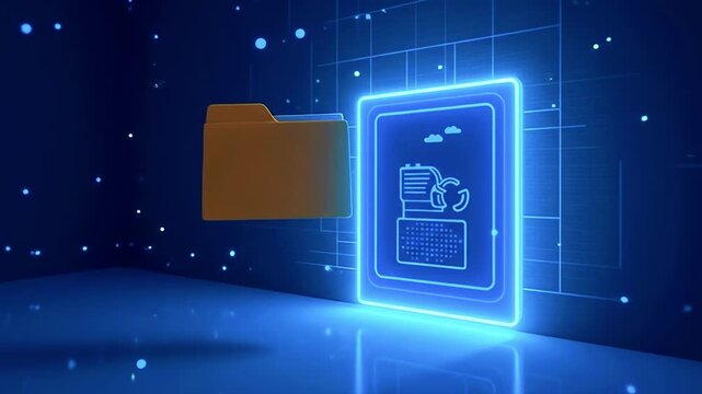 Digital representation of file transfer between a folder and a glowing document interface in a tech environment