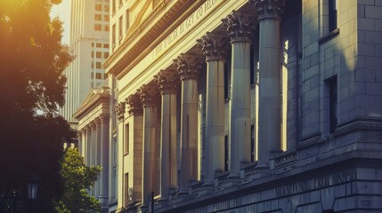Obraz premium Classical building facade with columns illuminated by sunlight