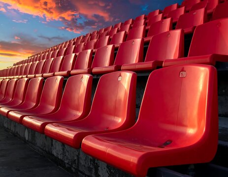 Rows of red stadium seats under a vibrant sunset sky
