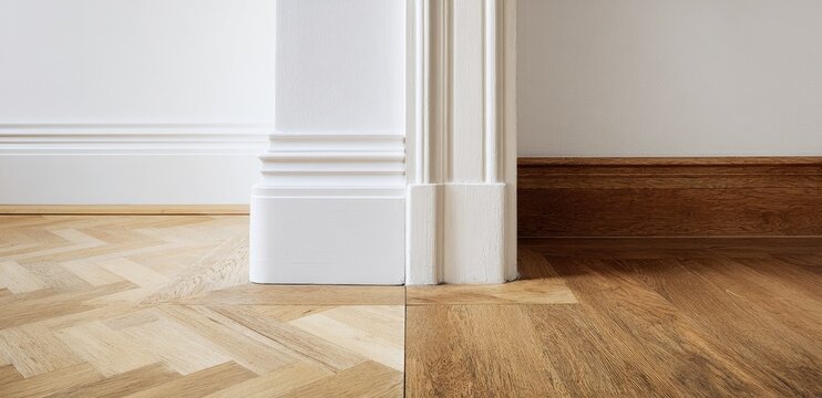 Interior corner with white baseboards and herringbone wooden floor