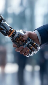 Slow motion handshake between human and robot in modern office setting