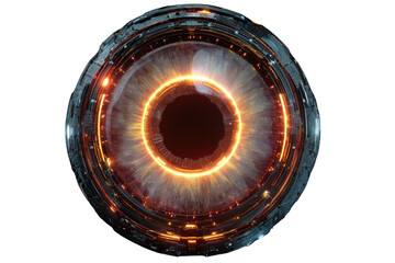 Futuristic robotic eye with glowing orange iris, metallic casing, digital technology concept. background removed