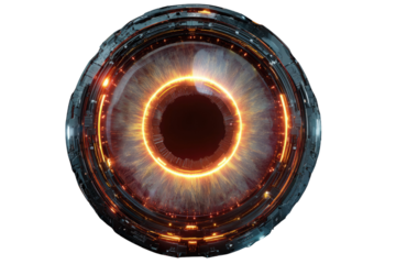 Futuristic robotic eye with glowing orange iris, metallic casing, digital technology concept. background removed