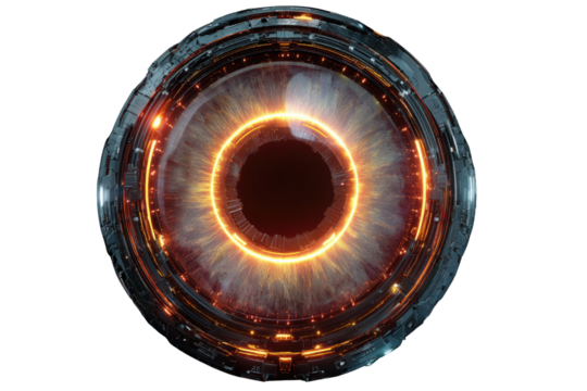 Futuristic robotic eye with glowing orange iris, metallic casing, digital technology concept. background removed