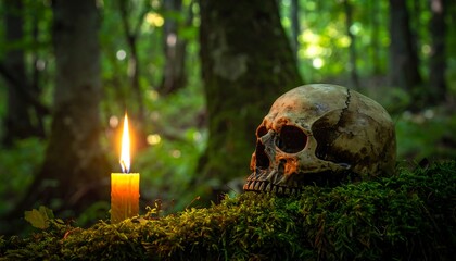 Skull and candle in mossy forest (1)