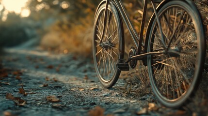 Vintage bicycle resting on a path, wheels detailed in golden hour light