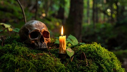 Skull and candle in mossy forest