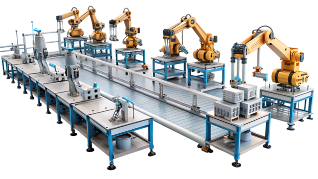 Automated Industrial Robotic Assembly Line automation cutout png isolated on a transparent background