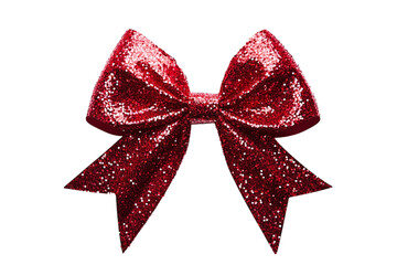 Shiny red ribbon bow with sparkling glitter accents isolated