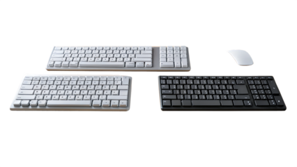 Three Computer Keyboards and One Mouse on cutout png isolated on a transparent background