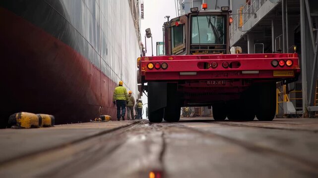 A closeup scene of a vehicle being carefully driven off a lower deck of the terminal onto the asphalt with crew members guiding the driver and overseeing the smooth transition from