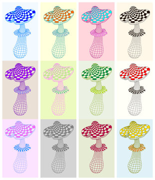  multi-colored mushrooms in Line Art .mesh frame.
 Botanical, decorative, and modern design element.
fly agaric mushrooms
